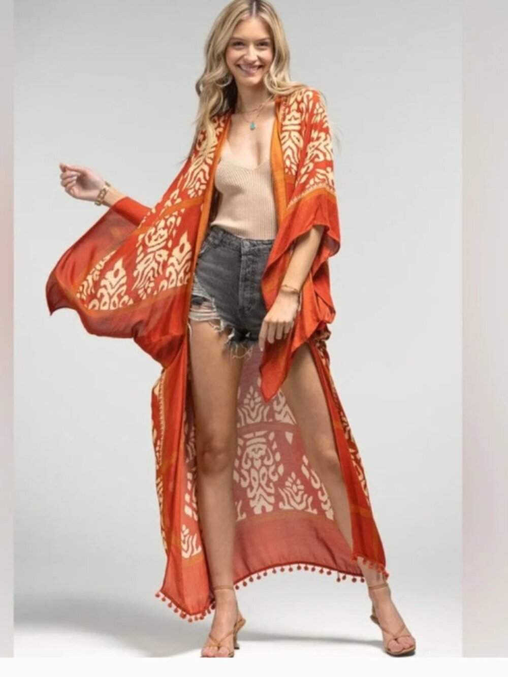 Macchia di Ruggine Rust & Cream Boho Kimono Wrap - Open Front, Tassels